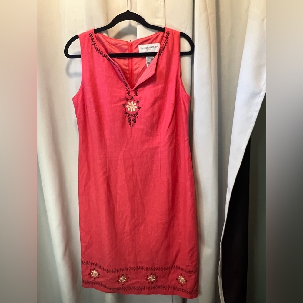 Sag Harbor Pink Sheath Linen Blend Midi Dress with Scoop Neck - Picture 2 of 8